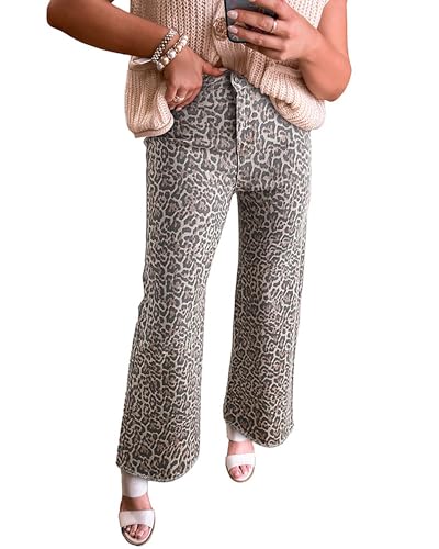 Women's Leopard Printed Straight Leg Jeans High Waisted Stretchy Boyfriends Wide Leg Denim Pants Trendy 2025