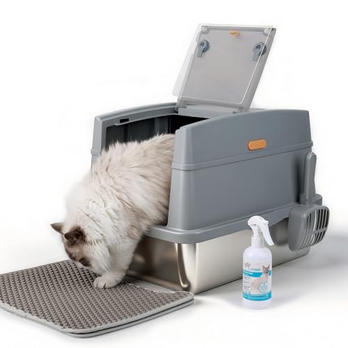 Arenero para gato grande de acero inoxidable con tapa miniatura 1