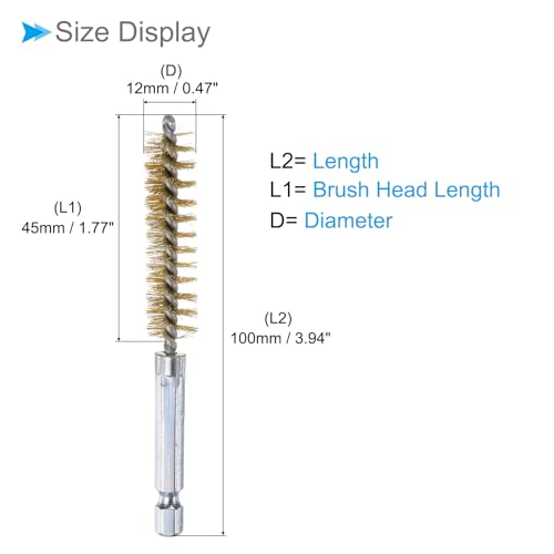 Image of Bore Brush, 12mm Dia 4 Inch Length, Brass Cleaning Wire Brushes with 1 /4 Inch Hex Shank - (Applications: for Power Drill, Die Grinder), 5-Pieces