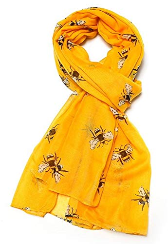 LilyRosa® Bee Scarf Bumble Bees Pattern Design Print Grey Navy Turquoise Blue Mint Green Scarves (Yellow)