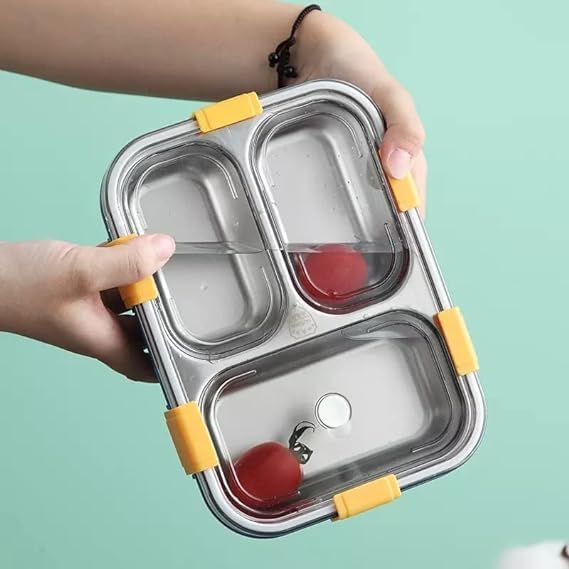 Image of SR 3 Compartment Stainless Steel Lunch Box, Leakage Proof Lunch Box for School Kids and Adults Pack of 1 (Multi Color)