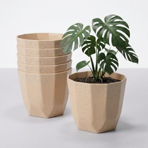Image of YUCCABE ITALIA SHERA Hexa Round Plastic Flower Pot with Drainage Holes Planter Pot Suitable for Indoor Outdoor Kitchen Garden (Stone Beige, 8 Inch - 6 Pcs)
