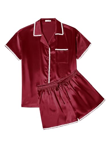 Ekouaer Womens Silk Pajama Sets 2 Piece Satin Pj Set Button Down Shirt and Shorts Lounge Sets Classic with Pockets