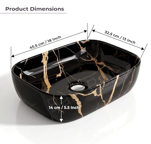 Image of Designer Ceramic Wash Basin For Bathroom | Over Counter Bathroom Basin | Counter Top Bathroom Sink | Wash Basin For Restaurant, Hotel (18 x13 x 5 Inch) (Black Gold Jelly)