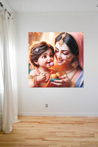 Image of Techgifti Baby Krishna And Yashoda Maa Laddhu Wall Poster for Pooja Room, Office, Kids Room (Size- 46CM X 46CM)