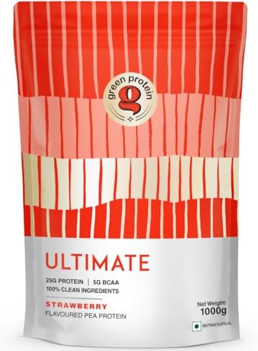 GREEN PROTEIN Ultimate Vegan Plant Pea Protein Isolate Powder 25gm Protein, 5g BCAA Per Serving, No Added Sugar | Fortified with 17 Vitamins & Minerals | Strawberry Flavor (1kg)