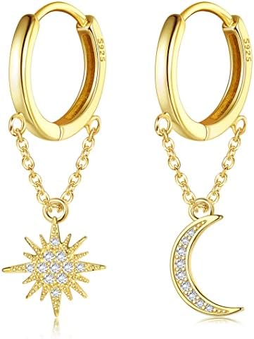 925 Sterling Silver Chain Hoop Earrings for Women Cute Flower Star Moon Dangle Earrings Minimalist Small Huggie Hoop Earrings 16MM (Gold-Moon Star)