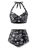 Holipick Black Sun Moon Women High Waisted Bikini Set Two Piece Swimsuit Tummy Control Bathing Suit Vintage Halter Swimwear S