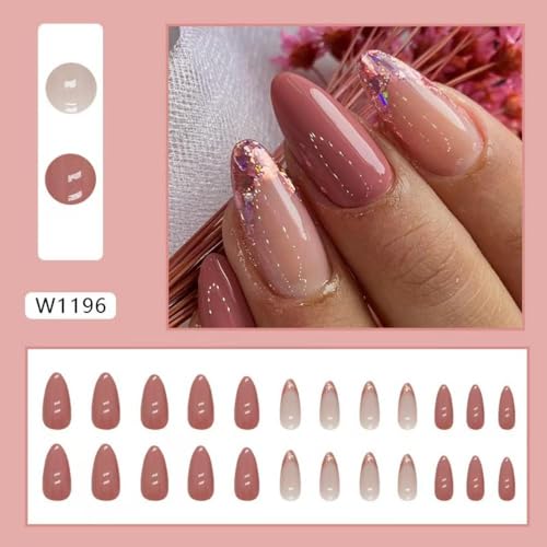 Image of Brick Red Press on Nails Medium Almond Fake Nails with Pink Glitter Design French Tip Glue on Nails Glossy Acrylic Full Cover Nude Stick on Nail Fall False Nail For Women Girls Manicure 24pcs