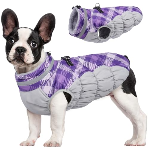 Image of FUAMEY Dog Cold Weather Coats Reflective Dog Warm Jacket with Harness | Fleece Puppy Coat for Small Dogs Snow Puffer Vests with Zipper Reflective Turtleneck Jackets for Winter Purple Plaid S