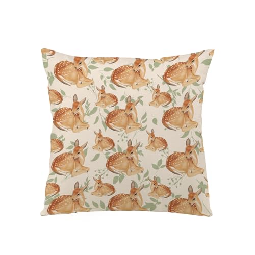 Cute Deer Green Leaves Decorative Nursery Pillowcase Throw Pillow Cover Baby Boy Girl Baby Animal Elk Cushion Covers Decor for Kids Room Nursery Playroom Toddler Bedroom Classroom