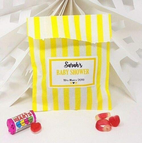 Treasured Forever Personalised Wedding Favour Sweet Bags Birthday Candy Cart Striped Polka Dots | Yellow Strips - Just Married | 100