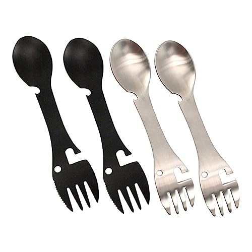 VICASKY 4個 多機能 ステンレス製 キャンプ用 フォーク スプーン点 軽量耐久 携帯便利 アウトドア用 食器 ボトルオープナー付き 登山