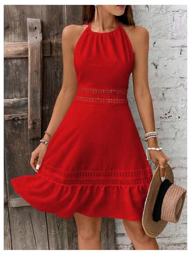 Floerns Women's Contrast Lace Sleeveless Halter Dress Backless Vacation A Line Dress3