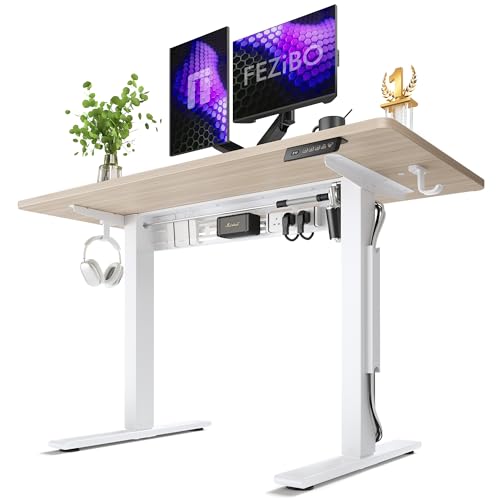 Image of FEZIBO Electric Standing Desk with L-Shaped Crossbar & Cable Management System, 48 x 24 Inches Sit Stand up Desk, Adjustable Height Standing Desk for Home Office, Light Walnut