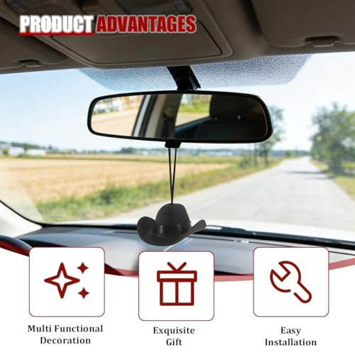 Zpana Cowboy Hat Car Hanging Charm, Mini Western Cowboy Vehicle Interior Rear View Mirror Ornament, Cute Unique Cowgirl Country Rearview Mirror Hanger Pendant, Universal for Van Truck SUV (Black)