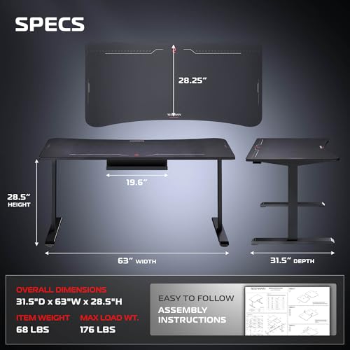 Image of Respawn 1063 Gaming Desk, 63 Inch, Cable Management and Full Desk Mouse Pad