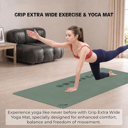 Image of GRIP Yoga Mat | Exercise Mat | 36 x 75 Inches | 12mm Thick | 7 Chakras Design |Wide Premium Exercise Mat with Yoga Strap | Anti-Slip & Anti-Tear Ideal for Yoga, Pilates, Home Workouts & Gym Use (Green)