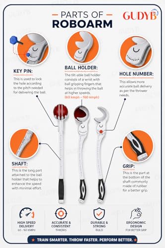 Image of Adjustable Cricket Ball Thrower | Fast & Accurate Robo Cricket Arm for Cricket Practice | Compatible with Leather, Tennis & Synthetic Balls | Protective Cover (Colors May Vary)
