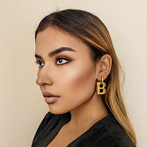 Initial Letter B Dangle Hoop Earrings For Women Girls Minimalist Punk Alphabet Chunky Thick Huggie Hoops Dangling Charm Personalized 18K Gold Plated Unique Jewelry Gitfs Hypoallergenic (Yellow Gold) #TOP1