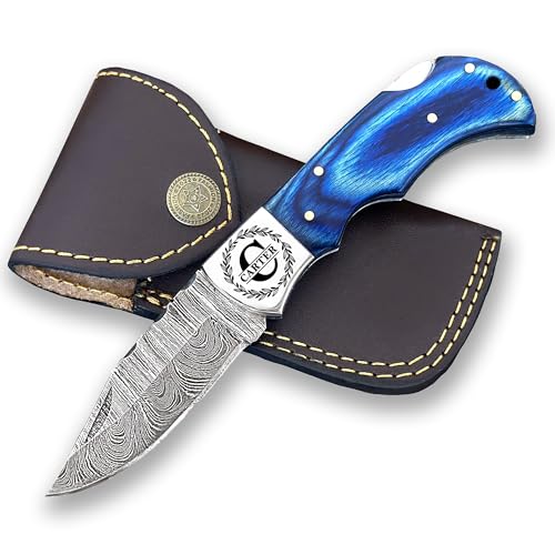 Product Image of the WINTERFELL Personalized Engraved Damascus Steel Pocket Folding Knife Custom Groomsmen Gifts Gift for Husband Dad Blade Made of Authentic Damascus Steel 100% Handmade 6.5' Knife for Outdoor Camping Back Lock (Personalized Blue)