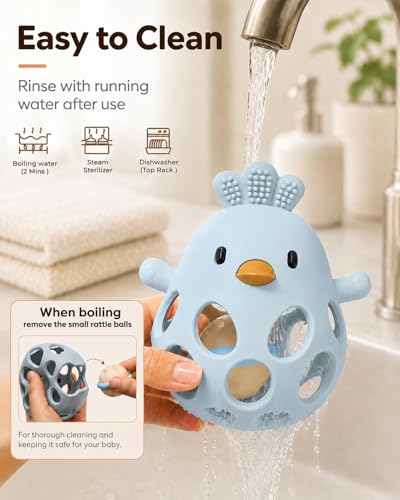 Image of Tinabless 2-in-1 Baby Teething Rattle Toy, Easy Grip Silicone Teether for Babies 3-12 Months, BPA-Free Sensory Grasping Chew for Sore Gums, Infant Shower Gift (Blue w /Rattle)