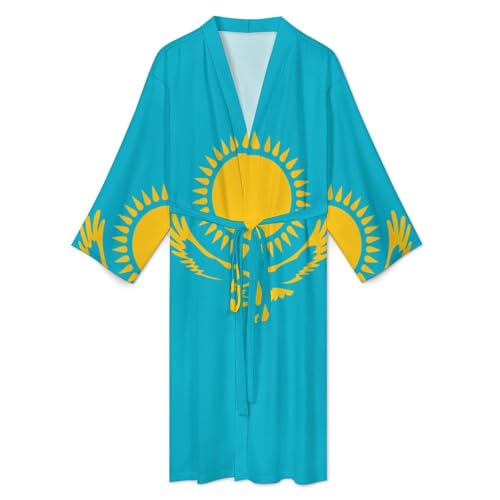 Kazakhstan Flag Casual Robes Bathrobe for Women Men V-Neck Loungewear Lightweight Soft Sleepwear Spa Pool3