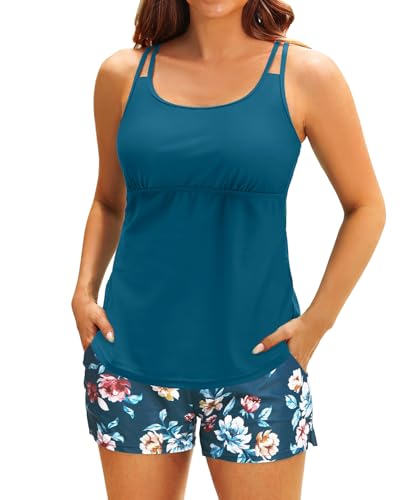 Image of Tempt Me Two Piece Tankini Swimsuits for Women Tummy Control Bathing Suit with Shorts Athletic Two Side Pockets Swimwear