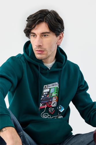Image of SNITCH Men Casual Hoodie Jacket | Regular Fit Hooded Neckline Full Sleeve with Retro Cassette Print | Cotton Blend Fleece Fabric for Winter