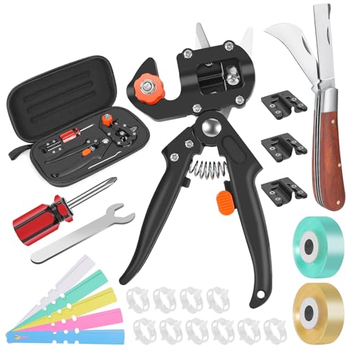 FUJIWARA 3-in-1 Garden Grafting Tool Pruning Scissors Kit U/V/Omega-Graft Seedling for Fruit Tree Grafting Set Including 2X Tapes Plant Tags Plant Clips Grafting Knife & Replacement Blades