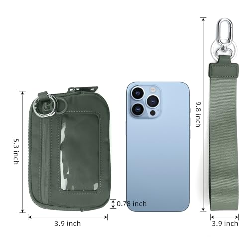 Image of The Iris Wallet Zipper Mini Coin Purse Keychain ID Holder Wallet | Zip Card Case with ID Window Purses for Women Mini Portable Keychain Wallet,Olive Green with Lanyard