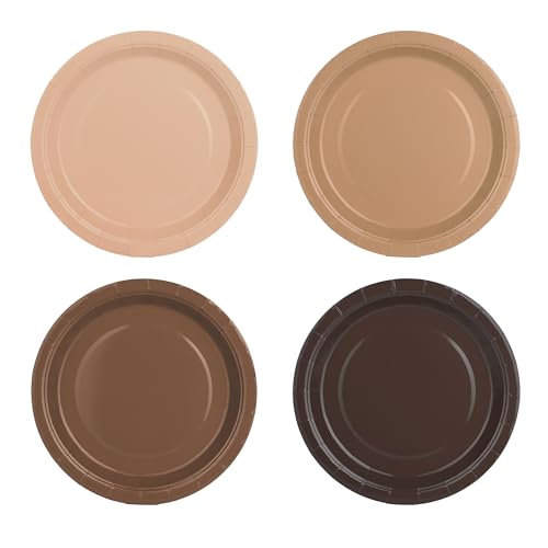 AimFun 24Pcs Brown Paper Plates Gradient Brown Party Plates 4 Colors 7Disposable Round Dessert Plates for Birthday Holiday Thanksgiving Gathering Party Supplies