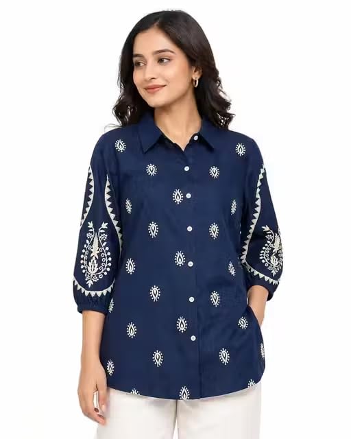 Women's Navy Blue Embroidered Cotton Shirt | Collared Full Sleeve Casual & Office Wear Shirt | Soft Comfortable Stylish Top-picture-53