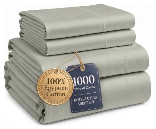 Image of LANE LINEN King Sheets Cooling 100% Egyptian Cotton Sateen - Silver | King Size Sheets Set Cooling - 4-Piece Set, 16 inch Deep-Pocket Snug Fit, 1000 Thread Count, Elevates A Master Suite
