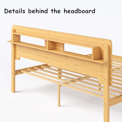 Image of ZIYOO King Size Bamboo Bed Frame with Storage Headboard, 14 Inch | Heavy Duty No Box Spring Needed Easy Assembly No Noise Modern Style for Bedroom Hotel Guest House