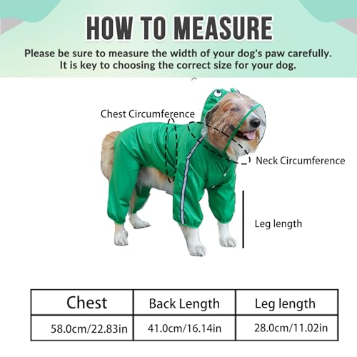 Hunderegenmantel Vierbeiner, wasserdichte Hundekleidung große Hunde, Golden Retriever Regenmantel, Kompakt Verstaubar, Leicht zu Reinigen, Waschbar(Brust 58cm, Rücken 41cm, Bein 28cm, Grün)
