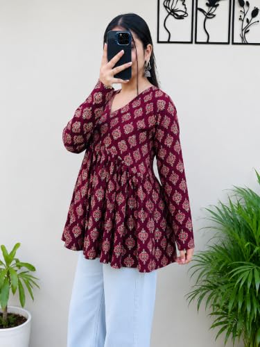 Image of Women's V Neck Anarkali Short Kurti for Women Full Sleeve Floral Print |Stylish Kurtis & Short Kurtis for Woman | Casual Kurti with Jeans | Kurtas for Woman