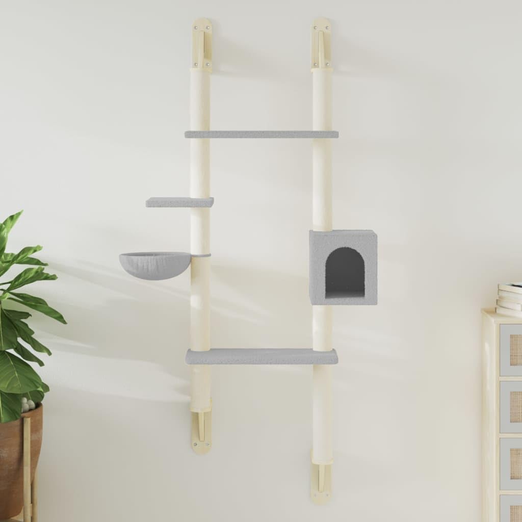 Rascador con columna rascadora, montaje en pared, color gris claro, 180 cm, para cuidado de las garras de sisal, superficies de descanso de felpa, muebles para gatos estables, ahorra espacio