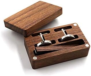 Rustic Black Walnut Wooden Round Cufflinks Tie Clips With Organizer Box for Men