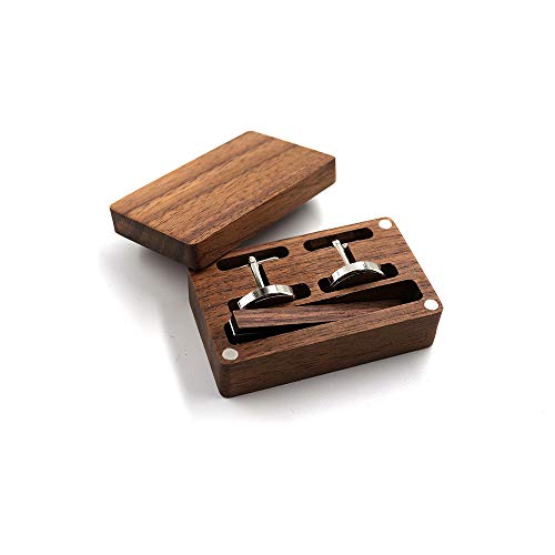 Rustic Black Walnut Wooden Round Cufflinks Tie Clips With Organizer Box For Men #TOP3