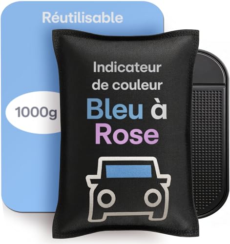 Praknu Déshumidificateur Voiture 1000 g – Absorbeur d’Humidité Réutilisable pour des Vitres sans Buée – avec Indicateur de Saturation et Coussinet Antidérapant