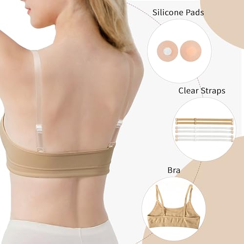 DANSHOW Girls Dance Bra Seamsless Nude Bras for Teens Girl with 2 Pairs of Clear Straps, Silicone Pads2