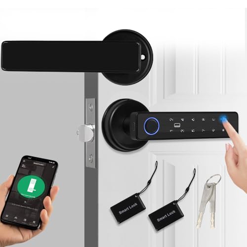 ReaIOKbii Puerta inteligente 5 en 1 con cerradura de puerta con teclado electrónico, contraseña, WiFi, cerradura inteligente TUYA, huella dactilar, biométrica, digital, tarjeta IC, táctil, puerta
