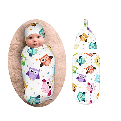 Image of Colorful Owl Baby Swaddle Blanket and Hat Set Boy Girl, Soft Stretchy Sleep Sack Owl Gifts for Owl Lovers Receiving Blanket for Infants & Newborns