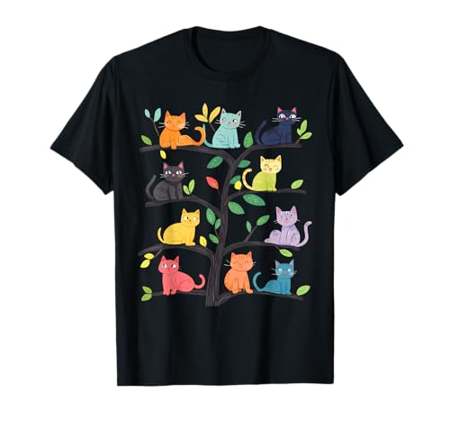 Colorful Cats Sitting On A Tree Cute Cat Lover T-Shirt