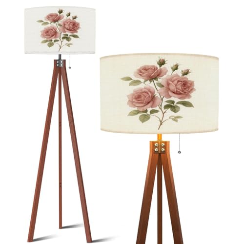 Wood Tripod Floor Lamp Soft Pink Roses Delicate Green Leaves