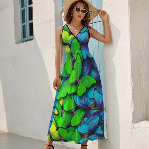 Robe maxi décontractée imprimé papillon violet col V sans manches