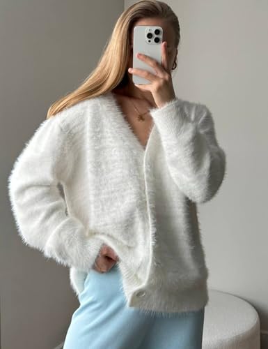 Wyeysyt Fuzzy Cardigans for Women Slouchy V Neck Long Sleeve Button Down Oversized Casual Furry Sweater 20254
