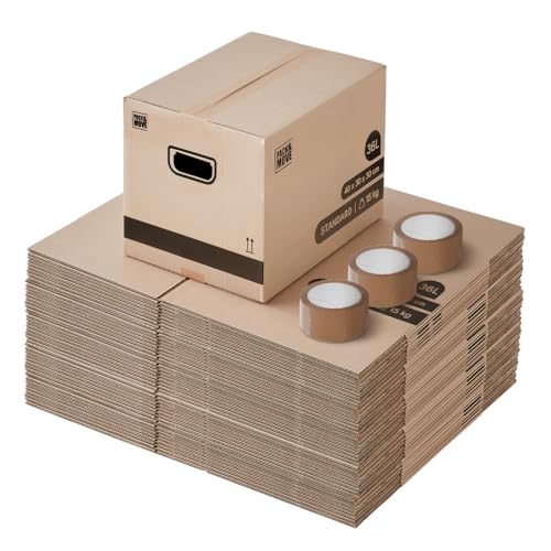 Pack and Move - Lot 50 cartons déménagement stockage livres - 40 x 30 x 30 cm - Poignées renforcées - 3 adhésifs offerts