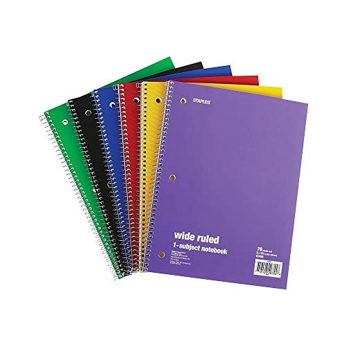 Staples Spiral Notebook 1-subject, 70-count, Wide Ruled, Assorted Colors, 6 Pack